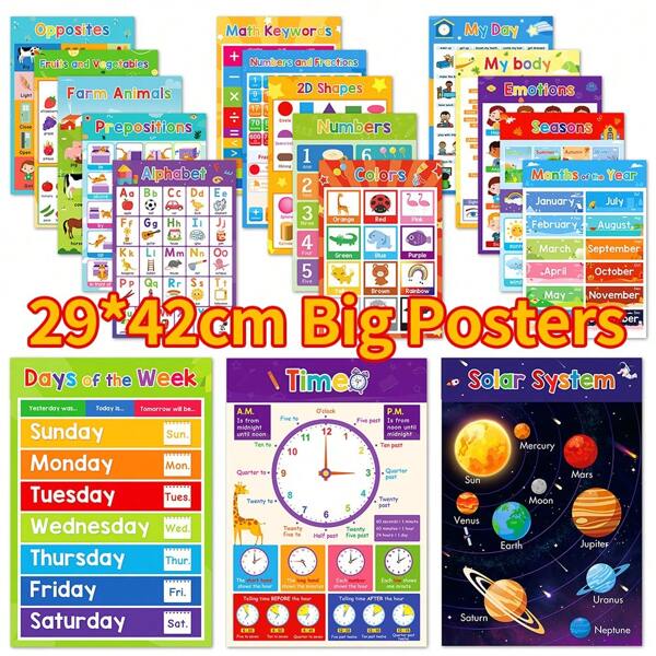 Lachilly Chart For Kid Educational Set Big Educational Posters Learning Wall Chart Set For Kids Baby Early Educational Number Letter Toys 2/4/6/18 Pcs