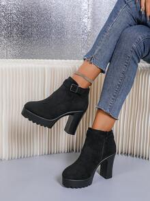 女士新款麂皮厚底粗跟踝靴，侧拉链，圆头，搭扣装饰，时尚舒适（温馨提示：鞋码偏小，请酌情下单），女士厚底高跟鞋 - 黑色 - 查看 3