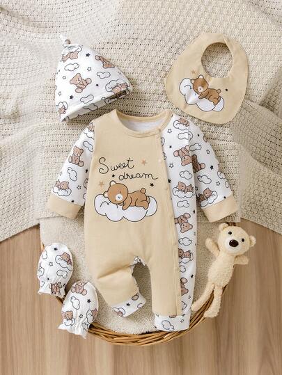 4pcs/Set Newborn Baby Boy Cloud Bear Print Colorblock Romper + Hat + Gloves + Bib Cute Outfit