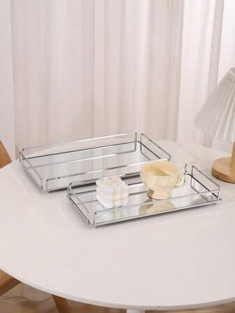 1 st guld/silver metallramad rektangulär glasbricka, minimalistisk metallisk dekorativ organiseringsskål för vardagsrum, matsal, badrum, kosmetika- och smyckesförvaring