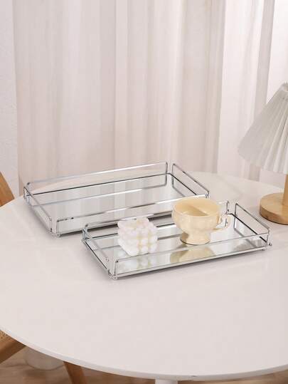 1 Adet Altın/Gümüş Metal Çerçeveli Dikdörtgen Cam Tepsi, Minimalist Metalik Dekoratif Düzenleyici Tabak Oturma Odası, Yemek Odası, Banyo, Kozmetik ve Mücevher Saklama İçin