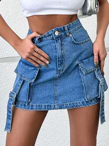 Damen Cargo Taschen Jeans Mini Rock, einfarbiger süßer Reißverschluss Knopf Strandrock - Blau - Übersicht 5