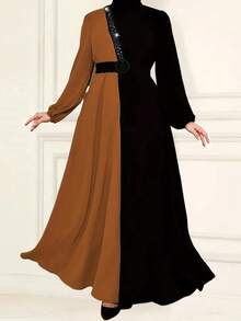 Women's Modern Fashionable Color Block Arabic Robe, High-Waist Rhinestone Embellished Robe, Dignified And Elegant Spring Black - Black - View 2