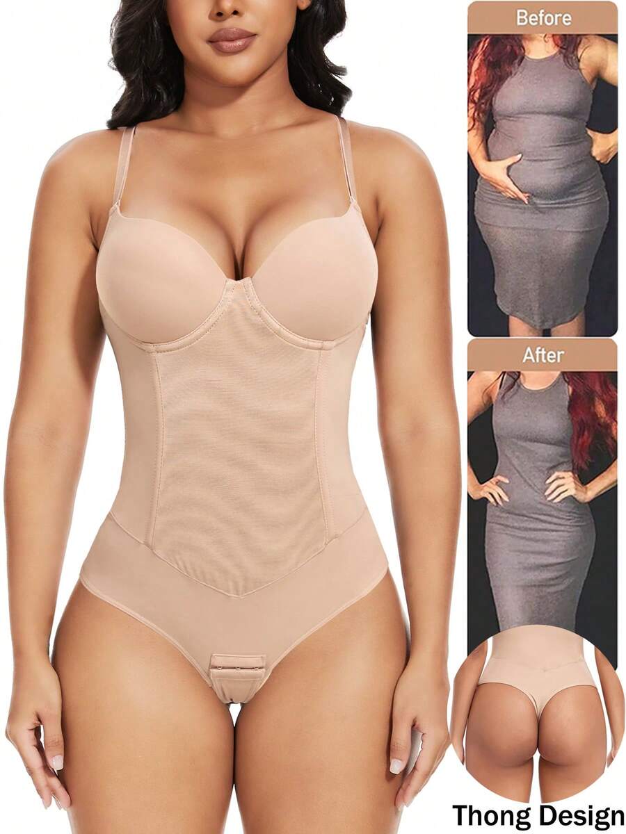 Tummy Control Waist Trainer For Women Full Body Shaper Shapewear With Steel Boned And Built-In Underwire Bra Thong Bodysuit Shaping Tummy Postpartum Shapewear Seamless Butt Tops - 米色 - 查看 1