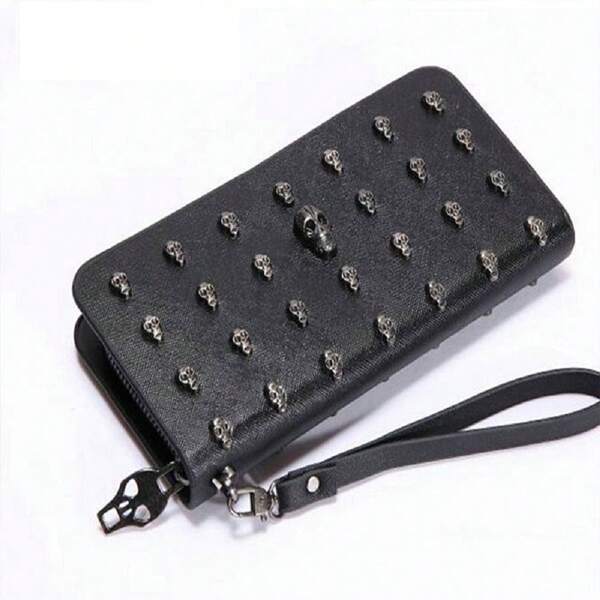 1 pièce Portefeuille en cuir PU noir long style punk avec sangle de poignet, cadeau d'Halloween avec décoration de crâne en métal, portefeuille zippé grande capacité
