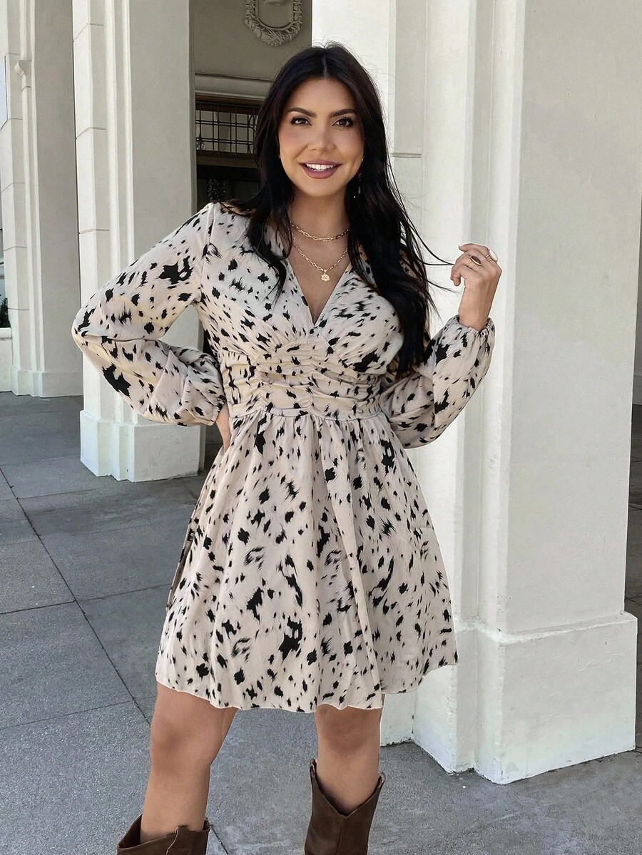 EMERY ROSE 冬季女装 1 件休闲优雅全印花褶皱灯笼袖收腰豹纹连衣裙，长袖连衣裙感恩节圣诞节服装，夏季连衣裙春装 - 杏色 - 查看 1