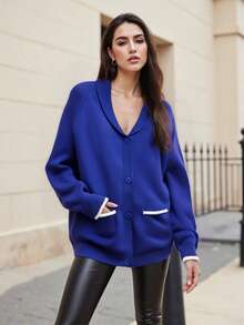 Women's Shawl Collar Cardigan Long Sleeve V Neck Graphic Print Button Down Sweater Knit Tops - Blue - View 2