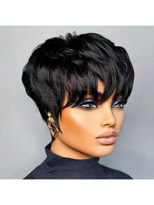 Short Bob Wig For Women Pixie Cut Wigs Glueless Wig None Lace Front Wig With Bangs Natural Black Straight Full Machine Made Short Layered For Daily Use - Black - View 3