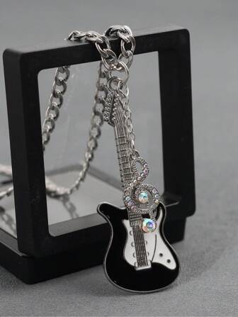 1pc Y2K Electric Guitar Pendant Necklace, Fashion Rhinestone Synthetic Cubic Zirconia Music Note Guitar Necklace, Suitable For Daily Wear, Music Festivals, Parties
