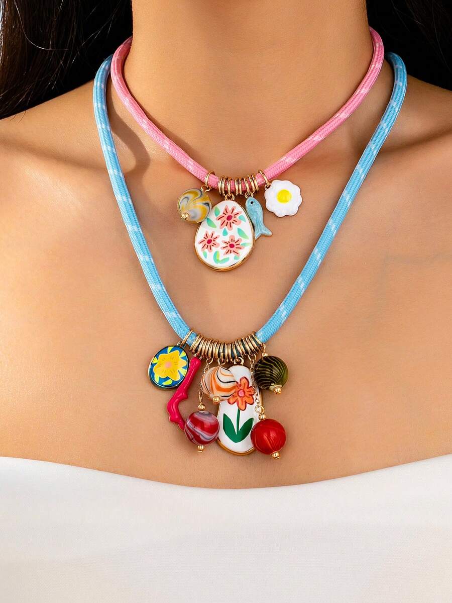 1 chiếc vòng cổ hạt cườm nhiều màu sắc hai lớp kiểu dáng dễ thương, dễ thương màu xanh và hồng, trang sức thanh lịch dành cho nữ - Nhiều màu - Xem 1