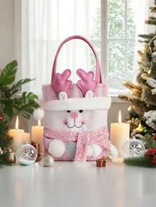 1pc/3pcs Pink Christmas Themed Gift Tote Bag With Festive Cartoon Design - Father Christmas, Snowman, Reindeer - Festive Apple Bags With Flap Closure For Festive Party Decorations, Perfect Christmas Gift Bags - Pink - View 6