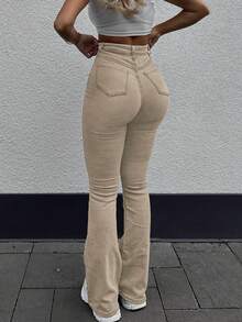 GILIPUR Nuevos jeans acampanados con decoración de strass Y2K para mujeres, cintura alta con ajuste slim y elástico, elegante moda casual de estilo callejero, vintage para invierno y primavera, regalo ideal para Año Nuevo, Día de San Valentín, muestra un ocio refinado, adecuado para eventos formales, cenas casuales y conciertos - Caqui - Ver 3