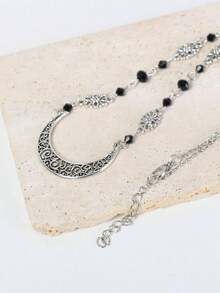 1pc Women's Vintage Silver-Color Black Crystal Forehead Chain With Crescent Moon Boho Design,Halloween - Silver - View 4
