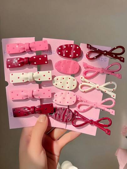 16pcs/Set French Style Polka Dot Hair Clips, Bow And Oval Shapes, Add Charming Flair To Hairstyles - Suitable For Girls And Women, Random Styles, Fit For Campus, Party Or Daily Looks Needing Cute Pink Vibes. Wear These Adorable Hair Accessories To Let Your Inner Girly-Girl Shine., Fall Fashion, Hair Clips Claw, Hair Claws, Hair Slide, Hair Barrettes, Bows