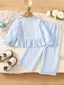 Little Girls 2Pcs Striped Outfit Set,Ruffle Trim Long Sleeve Open Front Blouse & Elastic Waist Long Pants,Spring Casual Young Girl Clothing - Blue - View 4