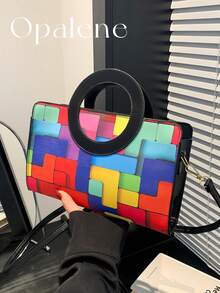 Casual Color Block Ring Handle Mini Handbag For Women Retro Geometric Print Top Purse Classic Square Shoulder Crossbody Bag Black/Green Travel Offices - 綠色 - 查看 7