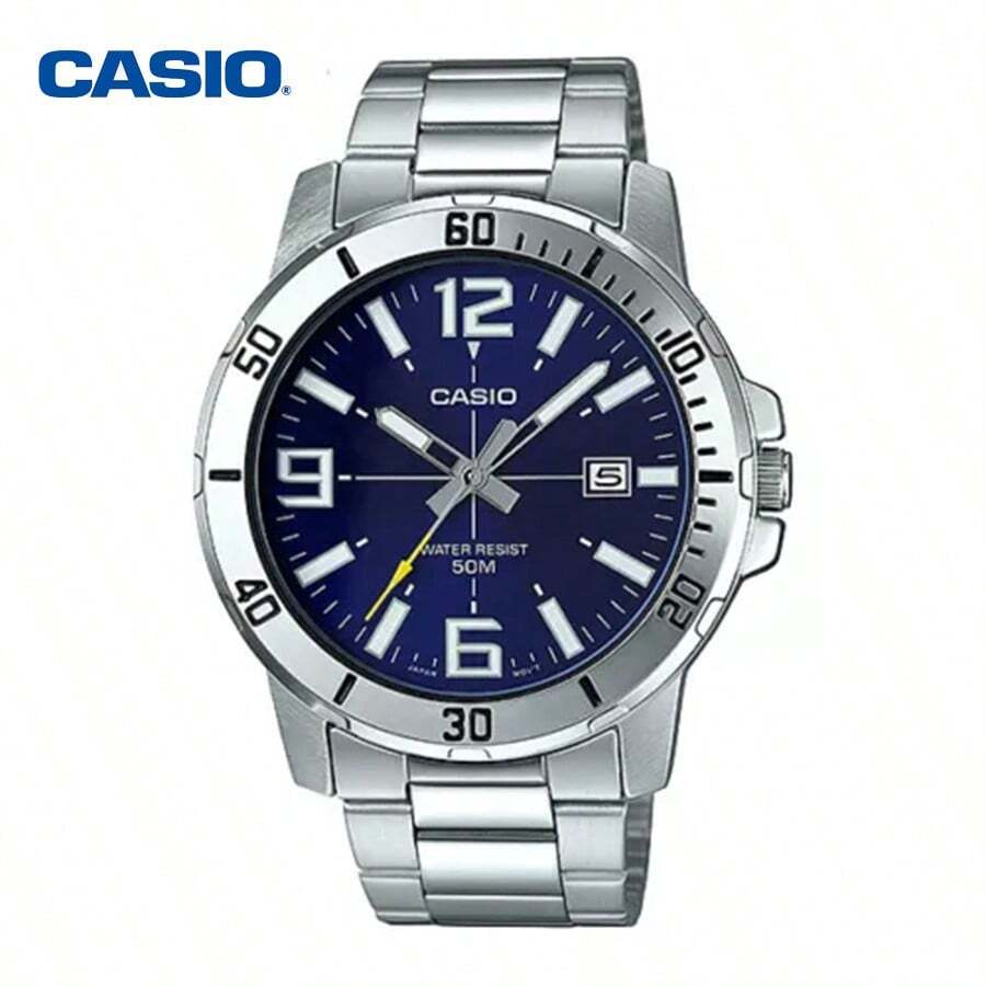 Casio Đồng hồ nam Quartz thép không gỉ ba kim chống nước, vỏ thép không gỉ, mặt kính chống trầy xước, MTP-VD01D-1B/MTP-VD01D-2B - Màu xanh lam - Xem 1