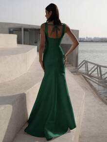Basrey 深绿色吊带高腰修身露背伴娘礼服，美人鱼长裙，适合婚礼、单身派对、度假、晚宴、新娘、白色礼服 - 墨綠色 - 查看 3