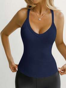 Women's Y2K Sexy Fitted Solid Color Sleeveless Round Neck Casual Sports Yoga Top - Navy Blue - View 6