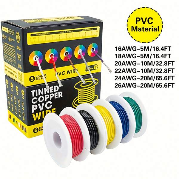 Tinned Copper Wire Hook Up Wire Kit, PVC 16-26 AWG 5 Colors/1 Set, Stranded Wire Kit, Flexible PVC Rubber Electric Wire DIY/Car/Home/Power Wiring-110V/220V Hard-Wired Meta,Home Decoration, Electricians, Wire