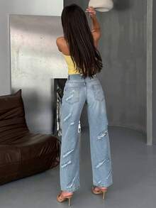 SQUALO Women's Destoryed Light Blue Washed Destoryed Jeans - Blue - View 4