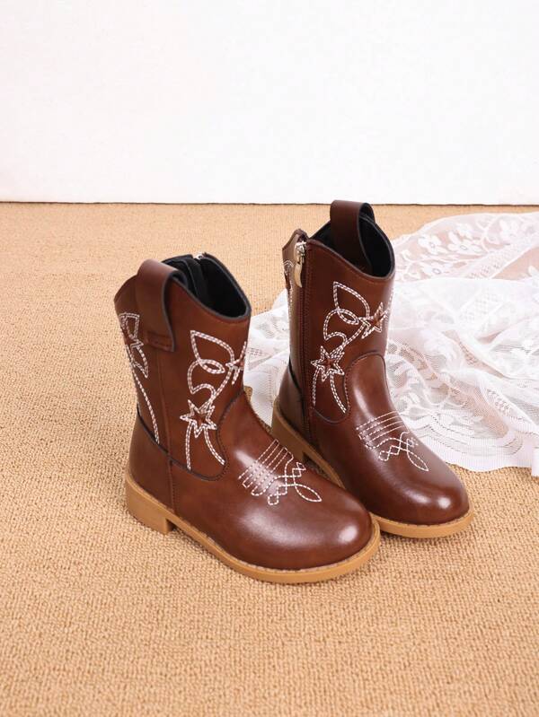 1 Paar neue Herbst/Winter Kinderstiefel, Mädchenschuhe, modisches Muster Stiefel mit hohem Schaft, Stiefel mit Knöchelschutz, Stiefel mit hohem Absatz, Western Cowboystiefel, farblich abgestimmte Stiefel mit rundem Zehenbereich und Seitlichem Reißverschluss