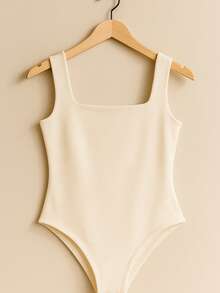 Kit 3 Women's Bodysuit, Strappy Tank Top, Square Neckline, Casual, Suplex, Sleeveless, Double Layer, Various Colors - ĐEN/BEI/NÂU - Xem 2