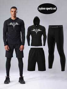 Bộ 3 món quần bó, áo sơ mi, áo hoodie dài tay thể thao, trang phục tập luyện chạy bộ cho nam - màu đen - Xem 1