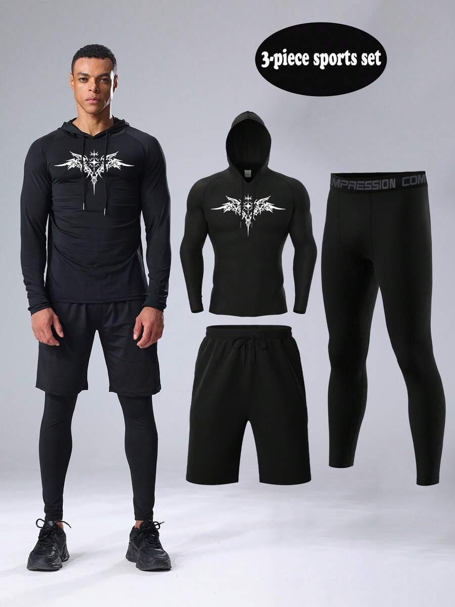 Bộ 3 món quần bó, áo sơ mi, áo hoodie dài tay thể thao, trang phục tập luyện chạy bộ cho nam - màu đen - Xem 1