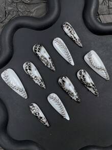 10片豹纹朋克风亚克力美甲贴片，可爱黑白长款尖头美甲套装，适合夏秋两季，带有线条艺术和3D金属装饰，Y2K手工镀铬美甲，亮面哥特风假指甲，创意吸血鬼美甲，斑马纹亚克力美甲用品，适合女性和女孩在万圣节佩戴 - 黑與白 - 查看 3