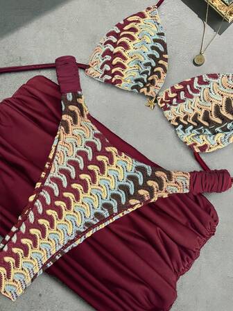 Bikinx Women's Summer Beach Wave Pattern Halter Neck Sexy Bikini Three-Piece Swimsuit Set With Cover-Up Skirt