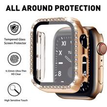 2PCS For Apple Watch Band Accessory Set – Rose Gold & Black Leather Chain Band With Matching Bling Protective Case – Elegant Jewelry-Inspired Watch Bracelet + Full Cover Screen Protector – Compatible With I-Watch Series Ultra/10/9/8/7/6/5/4/3/2/1 SE (38mm–49mm) – Ideal For Stylish Women, Holiday Gifts, Or Night Out Glam