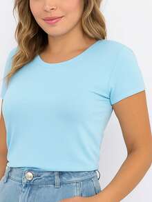 Women's Basic Viscolycra Blouse Round Neck Baby Look Short Sleeve - 淺藍色 - 查看 2