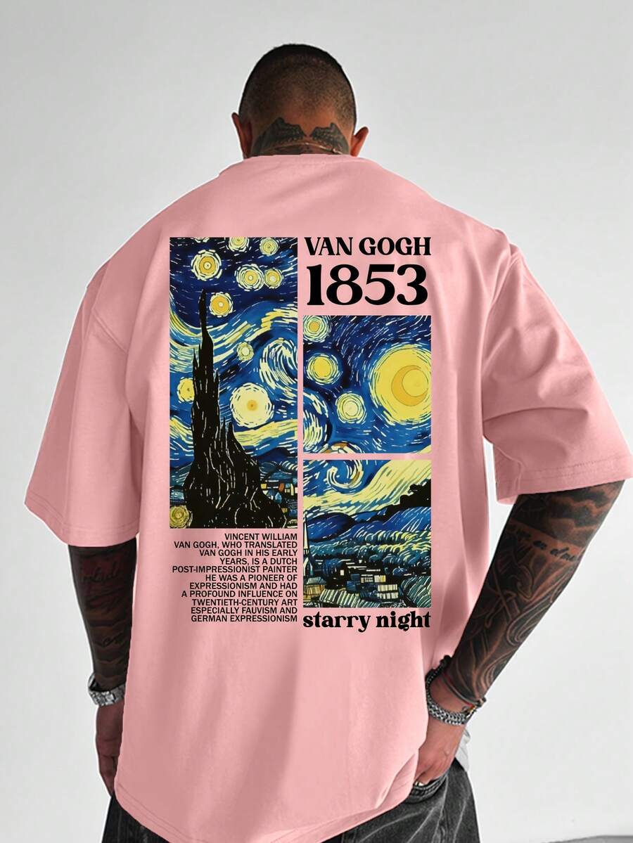 Camiseta de ocio para hombres con impresión de homenaje a la Noche Estrellada de Van Gogh - Cómoda, transpirable, lavable aáquina, camiseta de cuello redondo de manga corta a para actividades en casa y al aire libre, ropa cómoda de primavera y verano - Negro - Ver 1