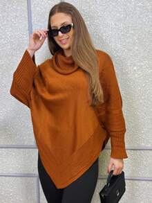 EXPOSICAO PAULISTA Women's Poncho With Mousse Bico Tricot Plain Turtleneck Wool Coat Winter - Đất nung - Xem 1