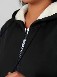 Women's Fleece Lined Zip-Up Hoodie, Drawstring Hood Thick Fleece With Zipper Pockets, Casual Warm Comfortable, Autumn/Winter Jacket, Suitable For Outdoor, Street, Home, Best Gift For Girlfriend - Black - View 5