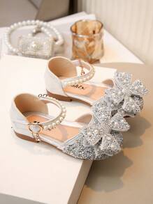 1 Pair Fashion Princess Shoes For Girls, Summer New Design With Bowknot Buckle, Closed Toe And Rhinestone Decor, Suitable For Outdoor Activities, Parties And Various Occasions