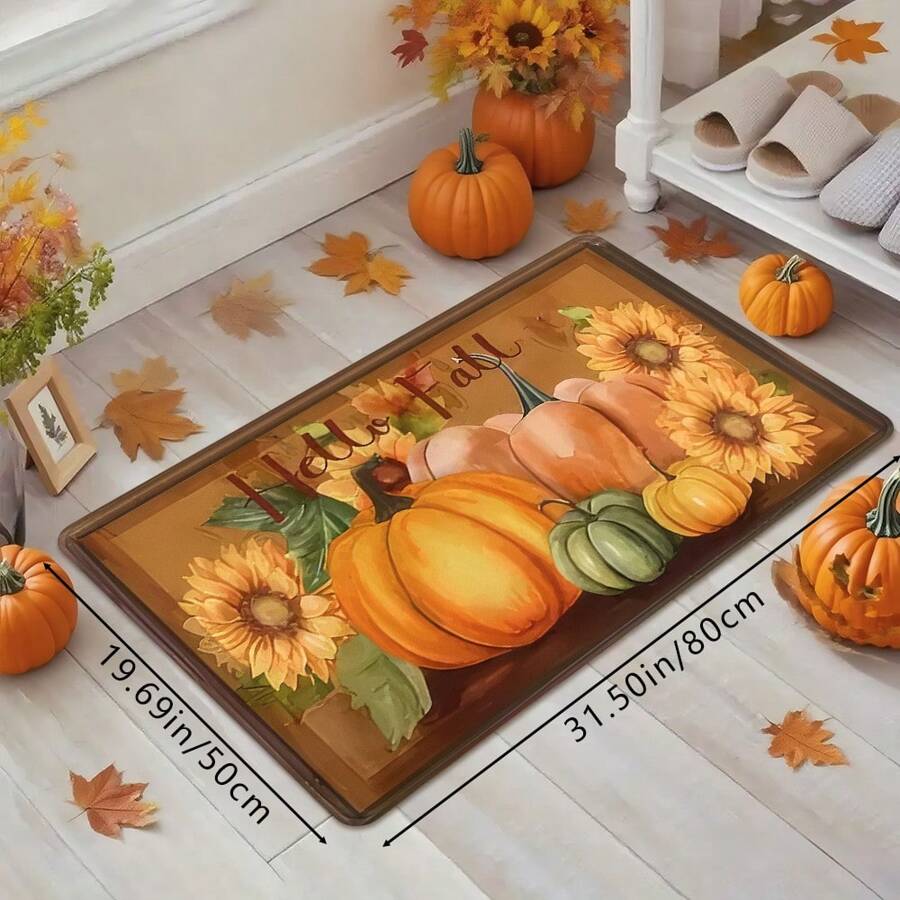 1pc Thanksgiving Autumn Theme Decor Multi-Color Pumpkin & Sunflower Print Holiday Doormat, Soft Non-Slip Absorbent Washable Kitchen Mat, Festive Cozy Entryway Rug, Rectangular Low Pile Holiday Home Decor Mat For Living Room, Bedroom, Kitchen, Laundry Room, Bathroom