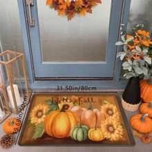 1pc Thanksgiving Autumn Theme Decor Multi-Color Pumpkin & Sunflower Print Holiday Doormat, Soft Non-Slip Absorbent Washable Kitchen Mat, Festive Cozy Entryway Rug, Rectangular Low Pile Holiday Home Decor Mat For Living Room, Bedroom, Kitchen, Laundry Room, Bathroom