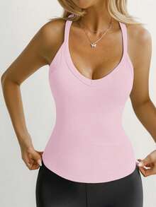 Women's Y2K Sexy Fitted Solid Color Sleeveless Round Neck Casual Sports Yoga Top - Pink - View 6