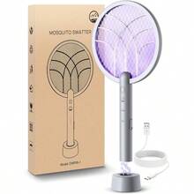 Electric Fly Swatter Racket, Mosiller 2 In 1 Smart Bug Zapper  Power Take Off Generators With USB Rechargeable Base, Powerful Mosquitoes Trap Lamp  Fly Killer For Home, Bedroom(Light Grey1 Pack)
