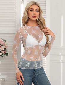 Women's Mesh Sheer Tops Long Sleeve Layering Top Mock Neck See Through Floral Lace Shirt Blouse - 白色 - 查看 7