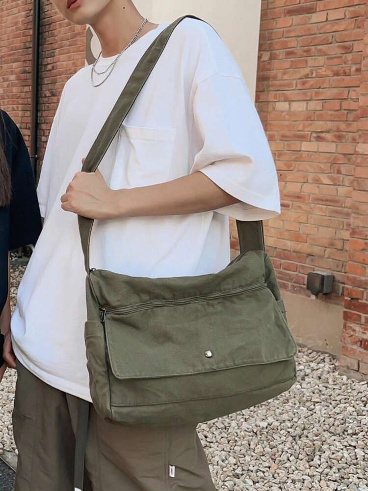 1pc复古简约翻盖单肩包，加厚水洗帆布休闲斜挎包，大容量，美式学院风，适合上学，短途旅行，简约街头包 - 墨綠色 - 查看 5