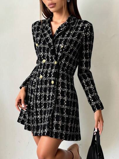 Vestido corto dama muer tejido stretch suave cuadros elegante botones dorados cuello doble solapa manga larga bajo en A formal día noche trabajo diario evento primavera verano invierno