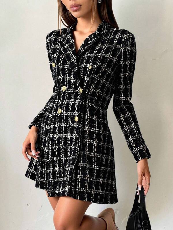Vestido corto dama muer tejido stretch suave cuadros elegante botones dorados cuello doble solapa manga larga bajo en A formal día noche trabajo diario evento primavera verano invierno