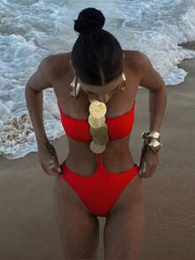 1pc Women's Sexy Halter Sequin Decor One-Piece Swimsuit