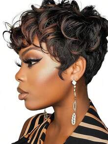 Black Short Pixie Cut Wigs For Black Women Short Wigs For Black Women Pixie Cut Curly Wig With Bangs Black Women Wigs - 黑色棕色 - 查看 11