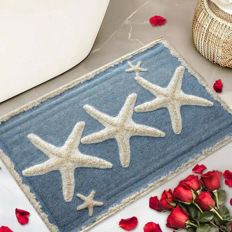1pc Ocean-Style Starfish Pattern Microfiber Bath Rug, Non-Slip And Super Soft Bathroom Mat, Doormat, Bathroom Water Absorption Mat, Machine Washable, Low Pile, TPR Backing, Knit Fabric, For Bathroom, Bedroom, Kitchen, Entryway, Indoor & Outdoor Use, Bathroom Accessories & Decor, Perfect New Home Gift. Entryway Decor Bathroom Kitchen Decor Kitchen Rug - Multicolor - View 1