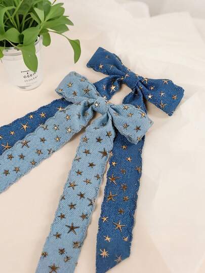 2pcs European & American Style Metallic Star Children's Hair Clips, Wavy Retro Blue Ponytail Clips, Satin Bow DIY Hair Accessories Suitable For Daily Wear