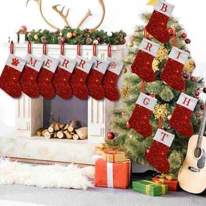 1pc Sequin Personalized Initials Christmas Stockings, Christmas Gift Bag, Fireplace Christmas Tree Hanging Socks, Festive Party Decorations, No Electricity Needed, Christmas Alphabet Letter Socks, Christmas Tree Ornament, Christmas Home Decor Room Party Decoration, Best For Christmas Decorations
